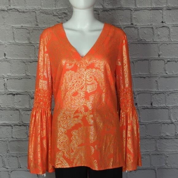 MICHAEL KORS Poppy Gold SAMARA Bell Sleeve V Neck Blouse, Women's Small - Picture 2 of 12